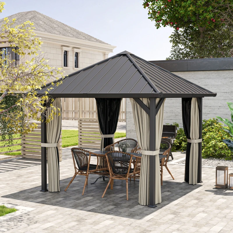 Outsunny 3 x 3 m harddak-paviljoen, tuinpaviljoen met metalen dak, waterbestendige tuintent met net en zijwanden, donkergrijs