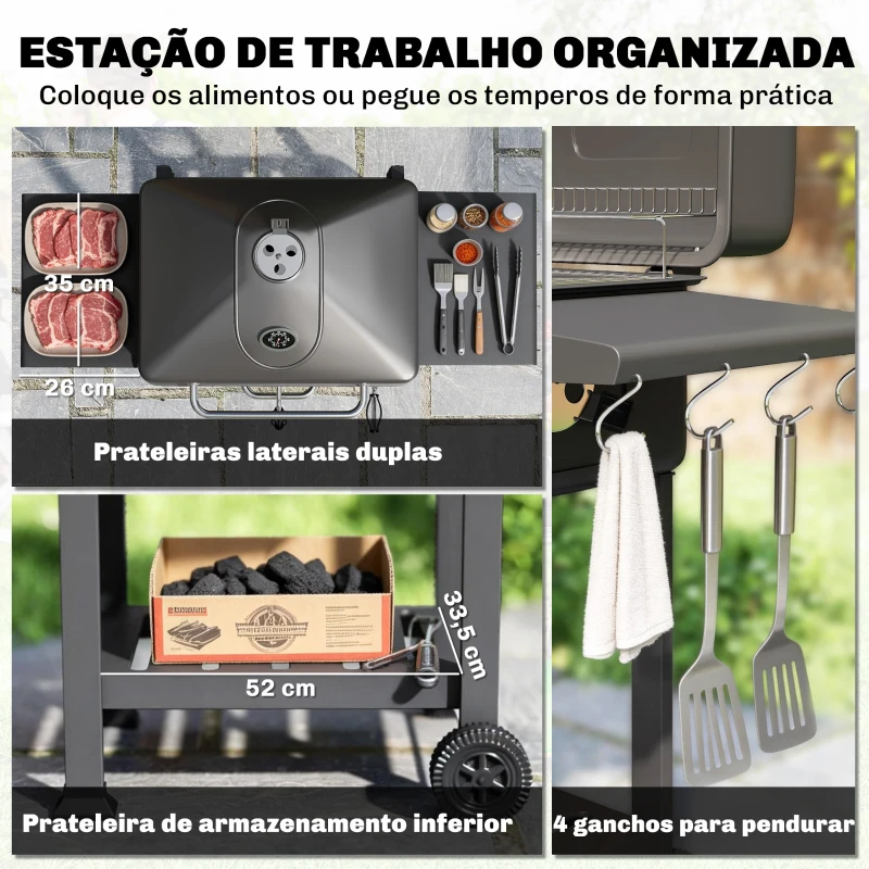 Outsunny Grelhador de Carvão com Bandeja e Ventilação Ajustável Prateleiras Laterais Rodas Termómetro Tampa e Porta