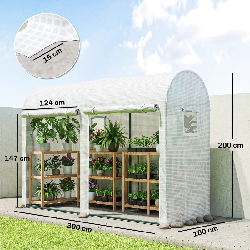 Outsunny Kas met ramen en deur, foliekas op stalen frame, 300x100x200 cm, wit