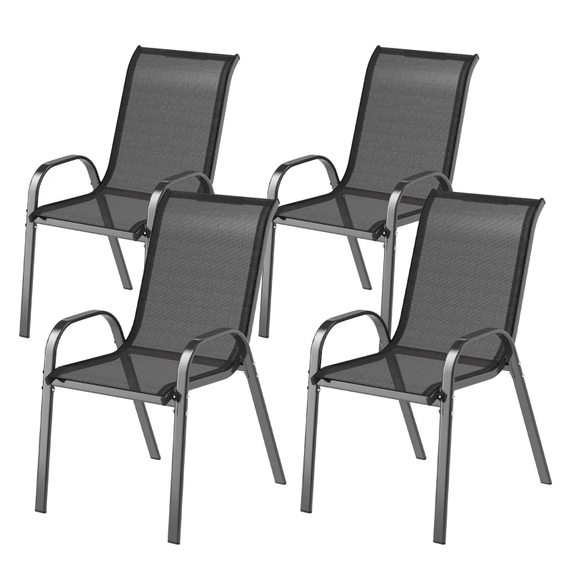 Outsunny Tuinstoel 4-delig stapelbaar - Stalen Tuinstoelen met Armleuningen en Rugleuning, tot 120 kg, Zwart