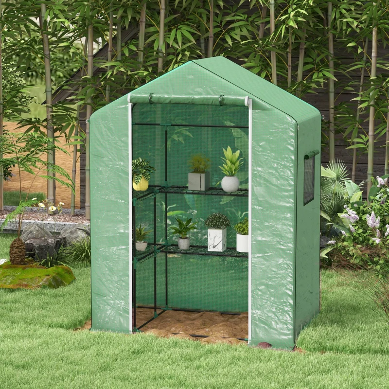 Outsunny Serre de jardin avec 1 porte, 2 fenetres et 2 étagères en forme de U pour Légumes Plantes Fleurs Bâche PE 140x73x190 cm