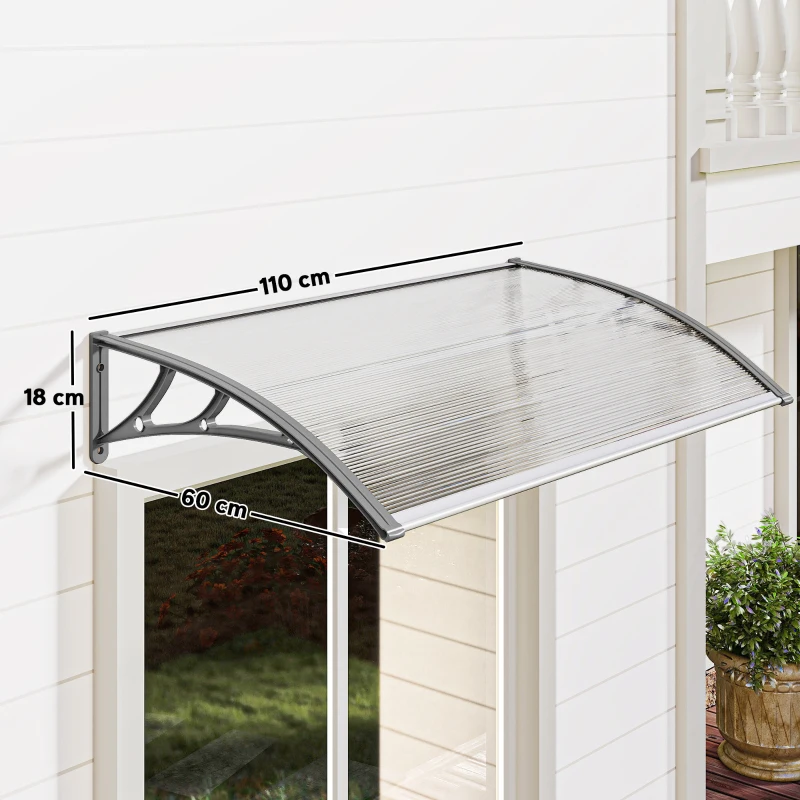 Outsunny Deurafdak, bescherming tegen regen, wind en hagel, polycarbonaat, aluminium verbindingsstangen, 110 x 60 x 18 cm, grijs