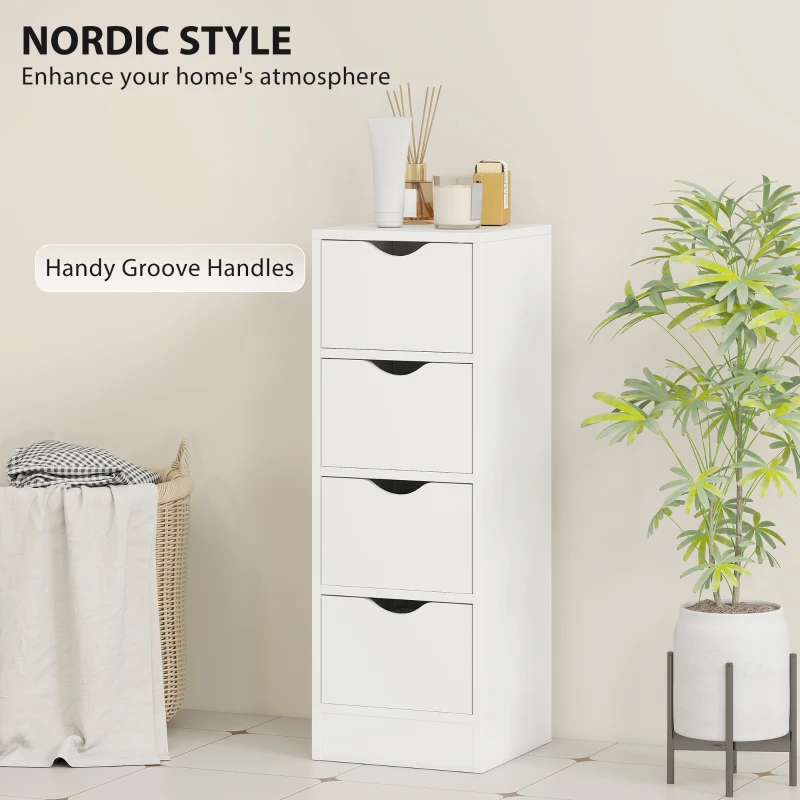 HOMCOM 4-Drawer Bathroom Cabinet, Freestanding Narrow Storage Cabinet with Groove Handles for Small Spaces, White