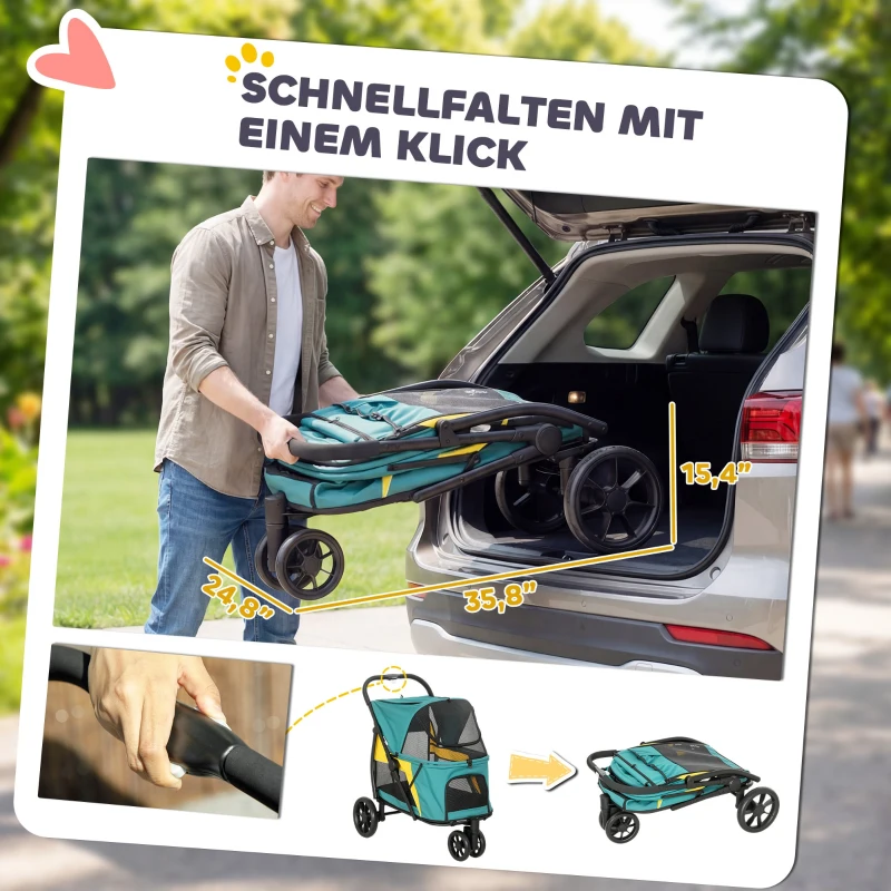 PawHut Hondenwagen Opvouwbaar Hondenbuggy tot 20kg met Kussen, Netramen, Achterzak, 92 x 63 x 95 cm Donkergroen