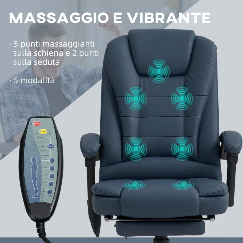 Vinsetto Poltrona da Ufficio con 7 Punti Massaggianti e Poggiapiedi, in Pelle PU e Acciaio, 67x67x111-121 cm, Blu