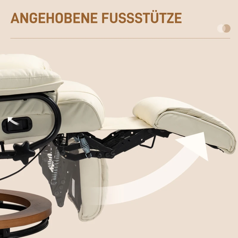 HOMCOM Relaxsessel mit Liegefunktion, drehbar, bis 150 kg, Kunstlederbezug, Stahlrahmen, Cremeweiß(m-5)