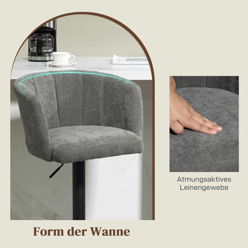 HOMCOM Barhocker 2er-Set, Schalenrücken, höhenverstellbar, Fußstütze, für Küche oder Esszimmer, Metallbasis, Dunkelgrau
