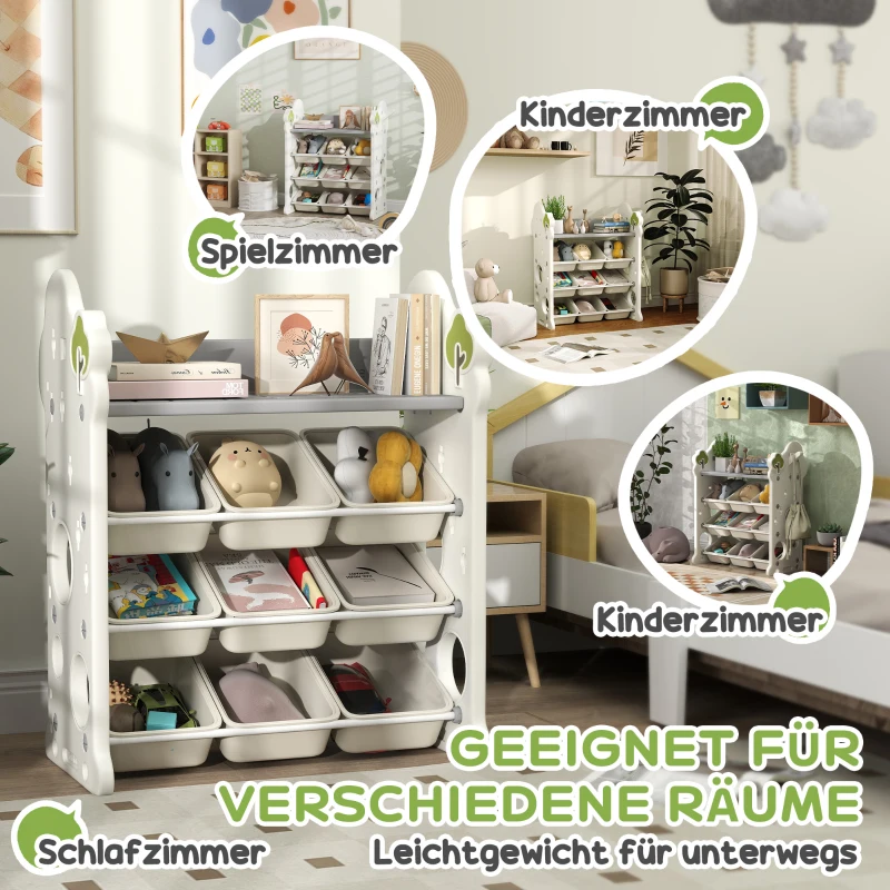 AIYAPLAY Kinderkast, 4-laags Speelgoedkast met 9 Uitneembare Bakken, Plank, Haken, Opbergkast voor Kinderkamer, Speelkamer, 77 x 42 x 94 cm, Crèmewit
