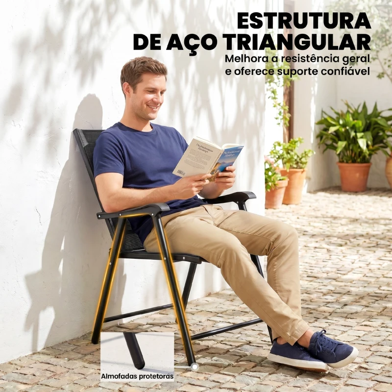 Outsunny Conjunto de 4 Cadeiras de Jardim para Exterior Dobráveis com Encosto Alto e Apoios de Braços para Terraço e Praia 58x62x97 cm Preto