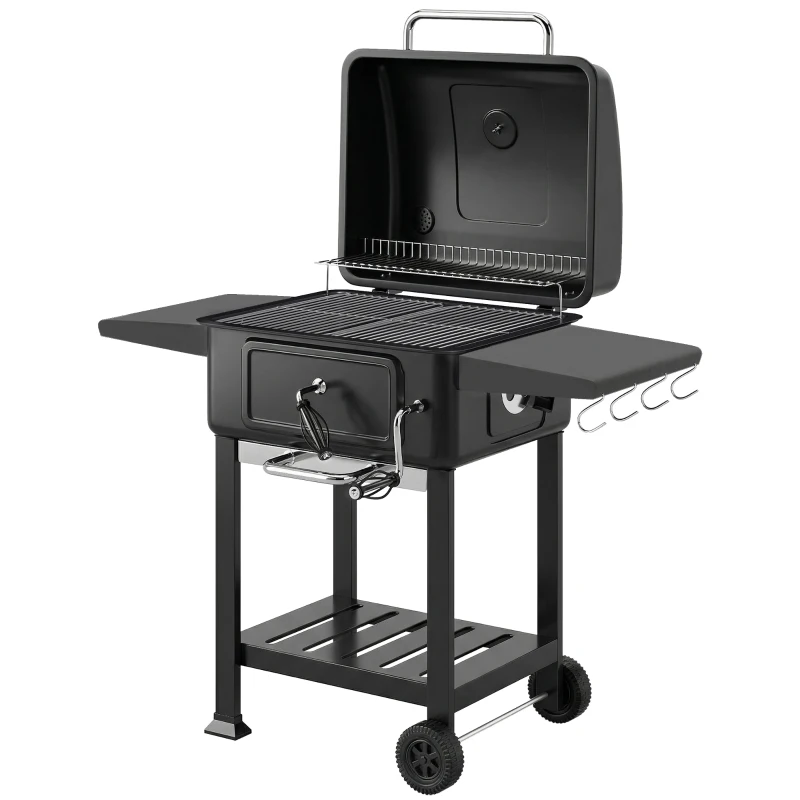Outsunny Barbecue au charbon avec bac à charbon réglable, chariot grill de jardin fumoir avec tablettes latérales et thermomètre