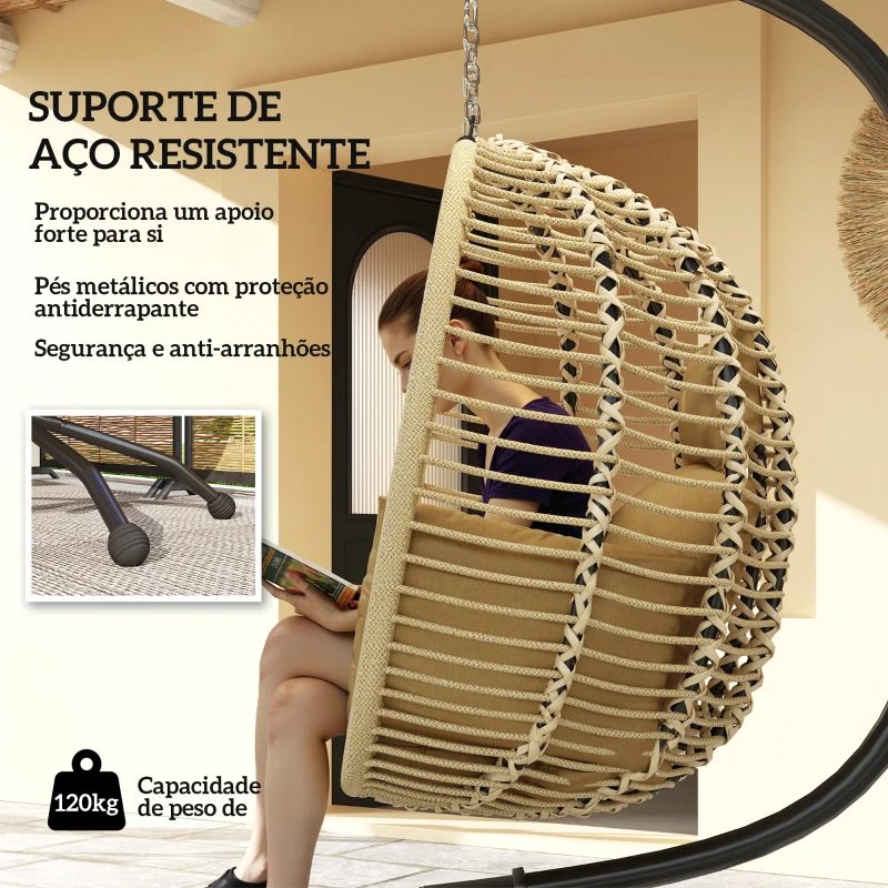 Outsunny Cadeira Suspensa com Suporte Cesto Dobrável Almofada e Apoio de Cabeça para Interior e Exterior Capacidade 120 kg Bege