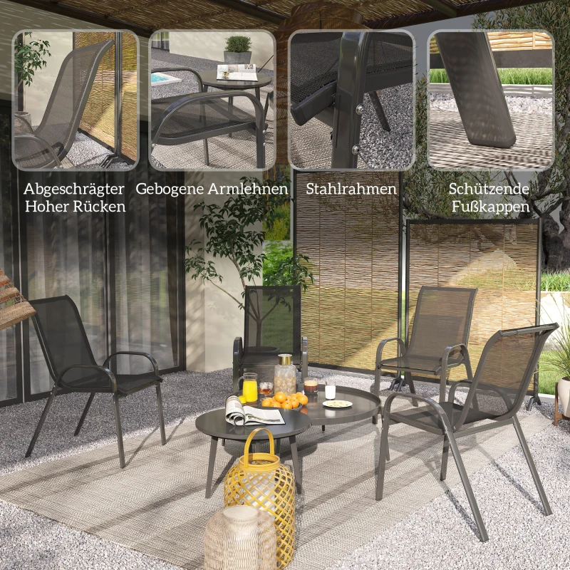 Outsunny Tuinstoel 4-delig stapelbaar - Stalen Tuinstoelen met Armleuningen en Rugleuning, tot 120 kg, Zwart