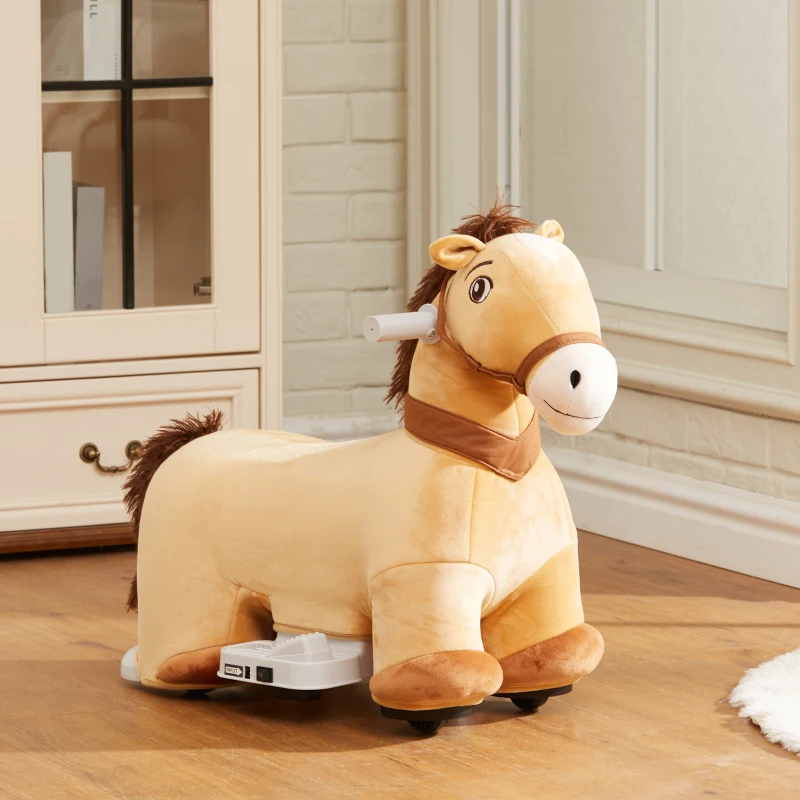 AIYAPLAY Cavallo Cavalcabile Elettrico 6V per Bambini da 18-36 Mesi con Ruote in PU e Musica, Marrone