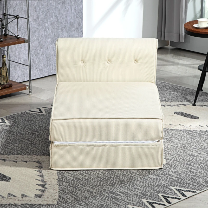 HOMCOM 2-in-1 Bodemsofa – Opvouwbare Slaapbank met Kordstructuur, Comfortabel Gestoffeerd, Draagvermogen tot 240 kg – Voor Woonkamer & Slaapkamer – Crèmewit