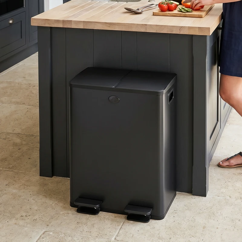 HOMCOM Papeleira de Cozinha em Aço Inoxidável com 2 Compartimentos 2x20L Pedal, Tampas de Fecho Suave e Balde Removível Preto