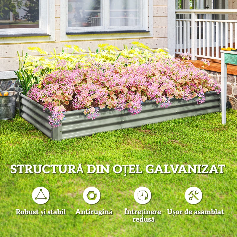 Outsunny Jardinieră de Exterior din Oțel cu Fund Deschis și Margini Întărite, 240x120x30 cm, Argintiu