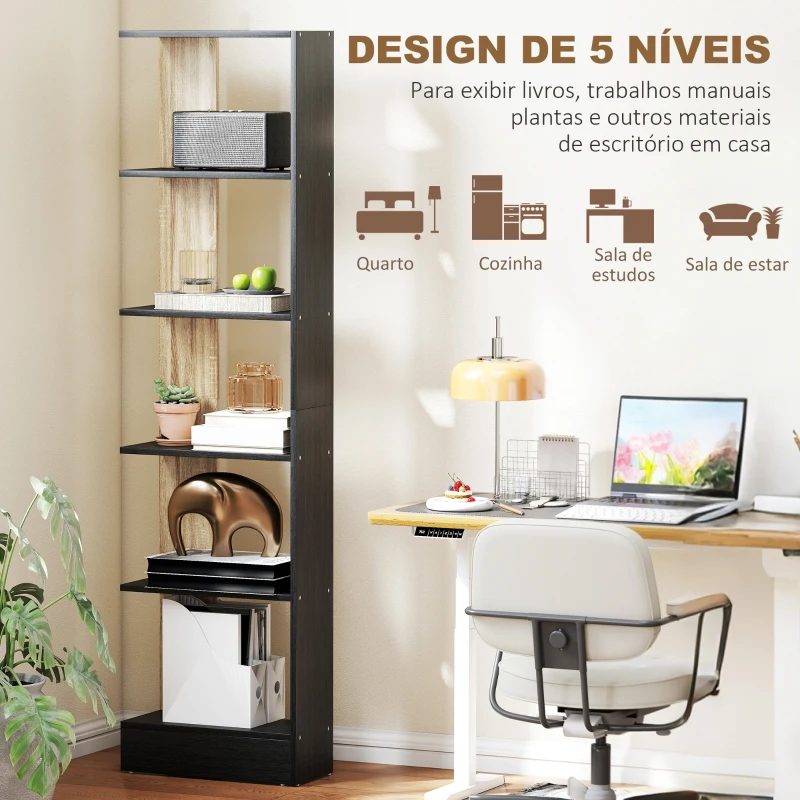 HOMCOM Estante de 5 Níveis Estante Estreita para Espaços Pequenos 45x21x170 cm Preto e Carvalho