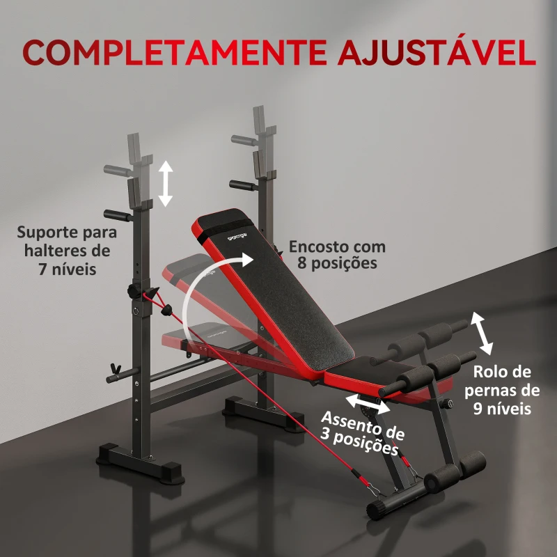 SPORTNOW Banco de Musculação Multifuncional com Suporte para Barra Ajustável e Encosto Regulável para Casa ou Ginásio
