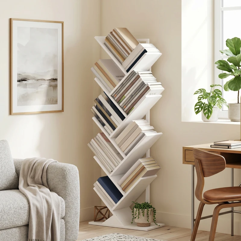 HOMCOM 9-laags boomvormig boekenrek, vrijstaand industrieel boekenrek met stalen frame, opbergeenheid voor CD’s, DVD’s, wit