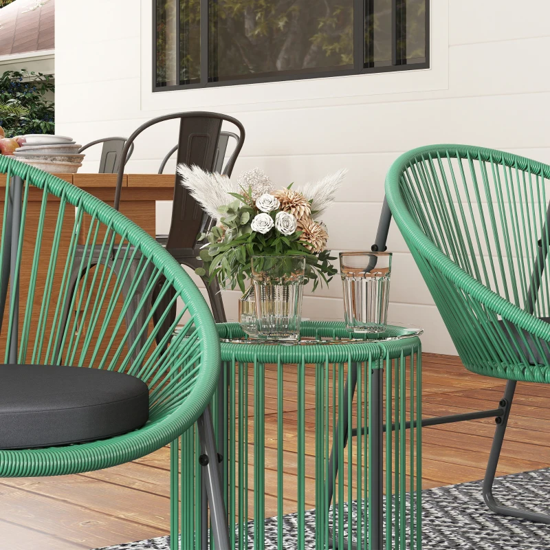 Outsunny 3-teiliges Outdoor-Möbelset, 1 Tisch, 2 Stühle, Glastischplatte, Kunststoff-Rattan um Stahlrahmen, weiche Kissen, Grün