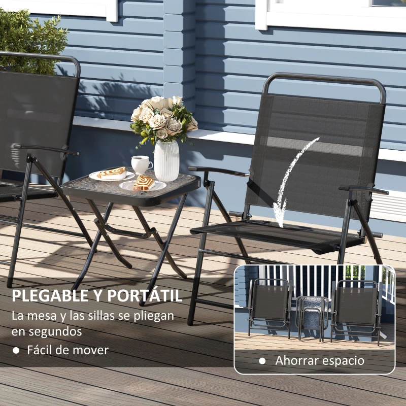 Outsunny Conjunto de 3 Piezas Mesa con Encimera de Cristal y Sillas Plegables con Respaldo Regulable para Terraza Exterior Negro