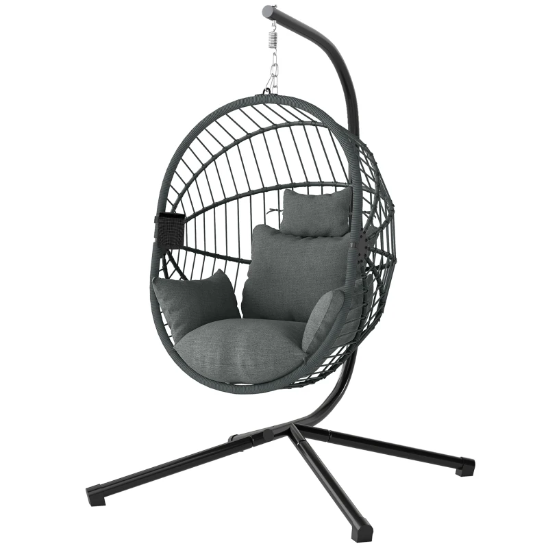 Outsunny Silla Colgante Huevo con Soporte con Cesta Plegable Cojín y Reposacabezas para Interior y Exterior Carga 120 kg Gris