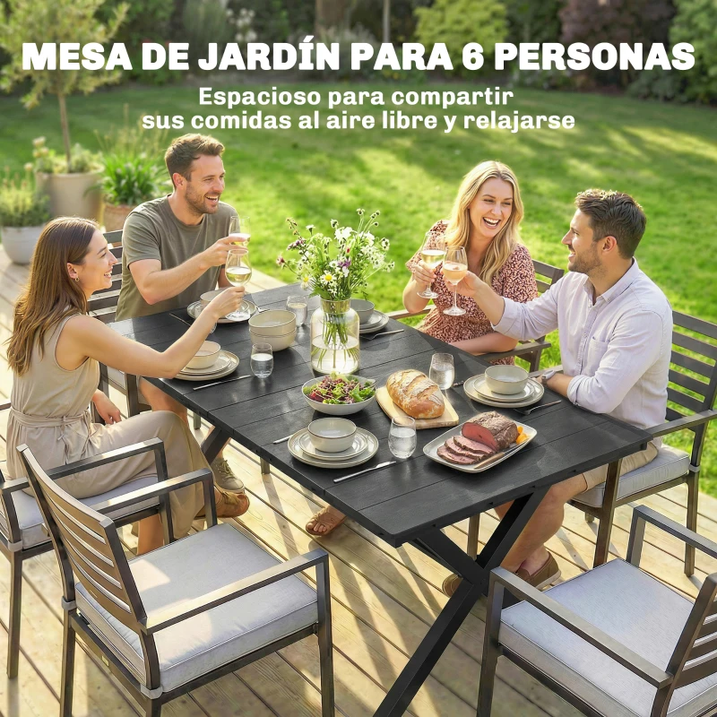 Outsunny Mesa de Comedor de Jardín para 6 Personas con Superficie de HDPE de Listones Estructura Metálica 150x90x74 cm Negro