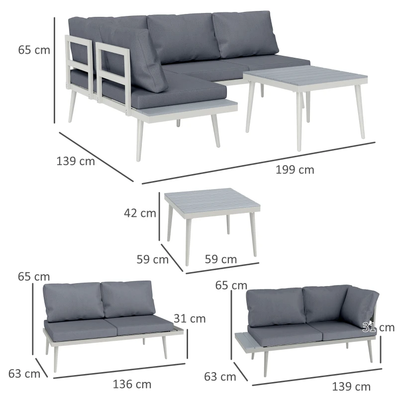 Outsunny Gartenmöbel Set 4 Personen wetterfest Balkonmöbel-Set mit 2er Sofa, Kissen Beistelltisch Stahl Grau