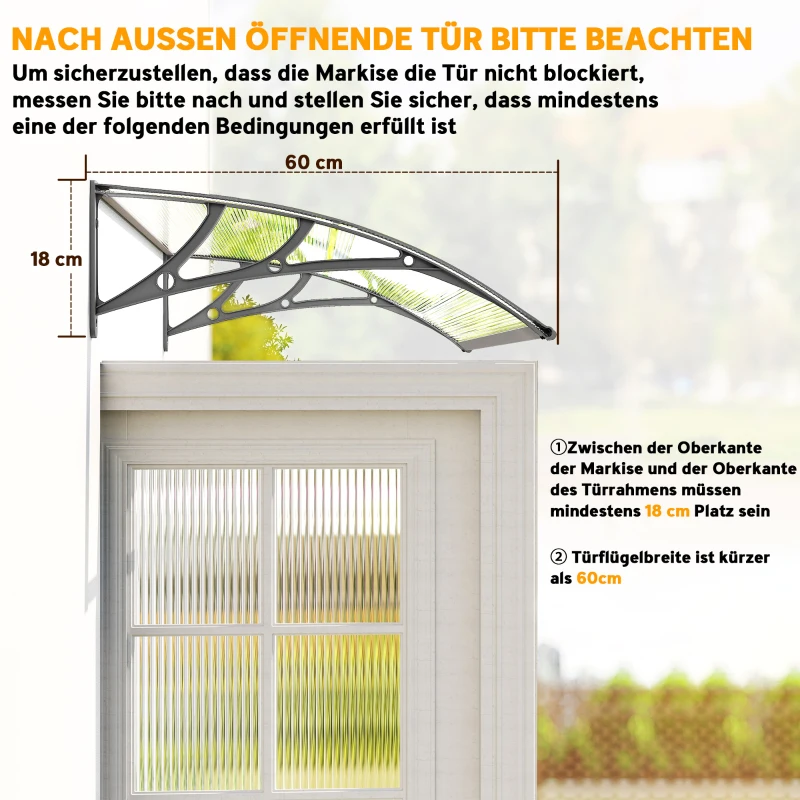 Outsunny Deurafdak, bescherming tegen regen, wind en hagel, polycarbonaat, aluminium verbindingsstangen, 110 x 60 x 18 cm, grijs
