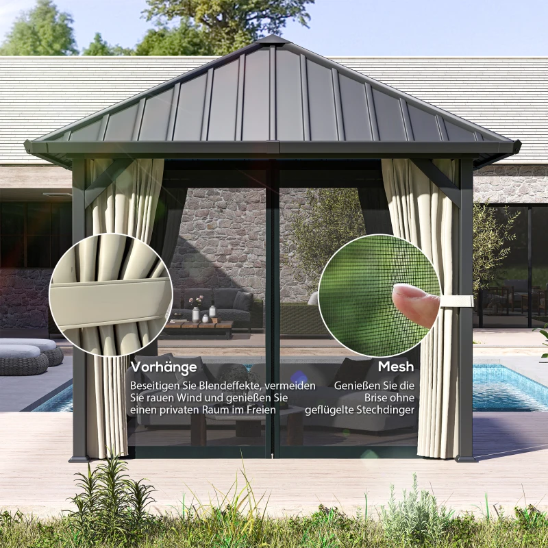 Outsunny 3 x 3 m harddak-paviljoen, tuinpaviljoen met metalen dak, waterbestendige tuintent met net en zijwanden, donkergrijs