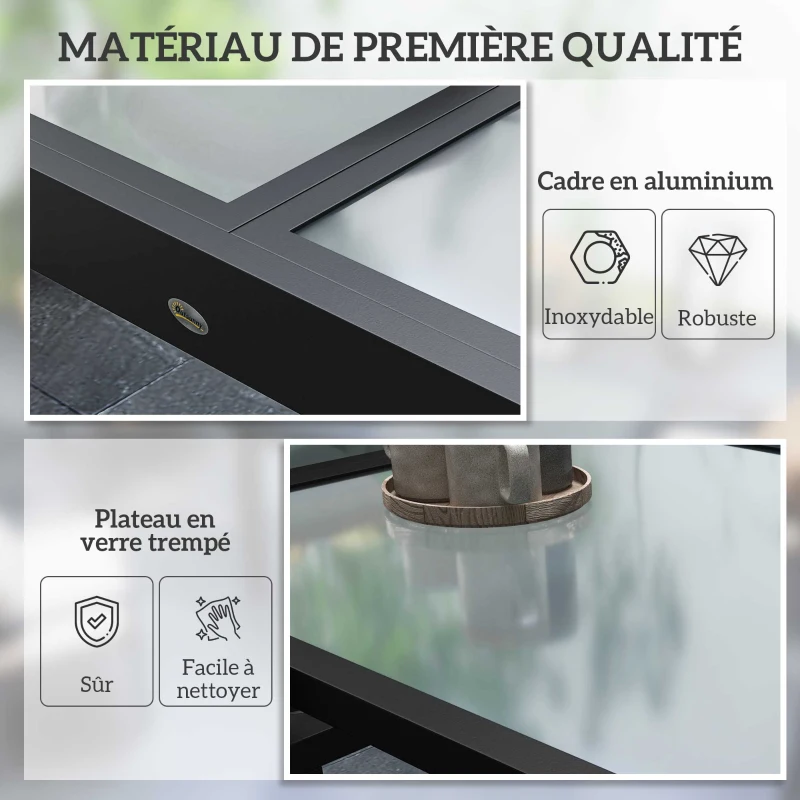 Outsunny Table Extensible de Jardin Grande Taille dim. dépliées 160 x 80 x 75 cm Aluminium Plateau Verre trempé transparent