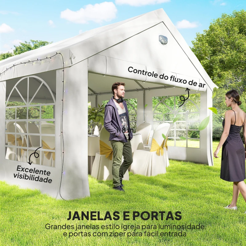 Outsunny Tenda para Festas 4x6 m com Luzes LED, Paredes Removíveis, 2 Portas e Janelas, UPF30+, Branco
