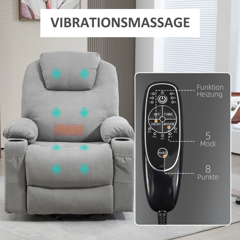 HOMCOM Massagestoel met Opsta-hulp voor Senioren, 8 Vibratiepunten, 2 Zijzakken, Drankhouder, 90 x 101 x 107 cm, Grijs