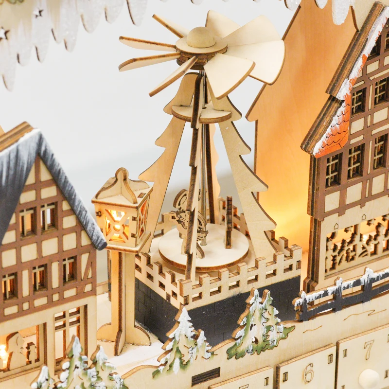 HOMCOM Adventskalender, Weihnachtsdorf, 18 LEDs, 24 Schubladen, wiederverwendbar, 45 x 9 x 42,5 cm(m-8)