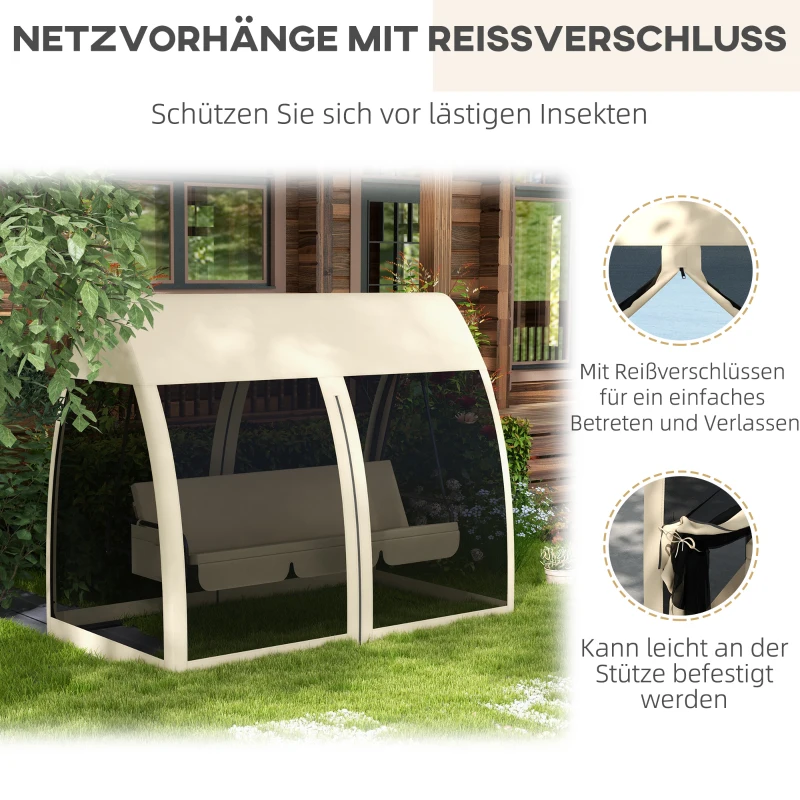 Outsunny 3-persoons terras-schommel, veranda-schommel met bedfunctie, Hollywoodschommel met muskietennet en stalen frame, Koffie