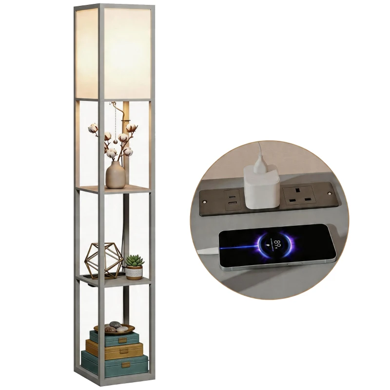 HOMCOM Floor Lamp with Shelves, 3 Layer Column Modern Standing Lamp for Living Room, Bedroom, Office, Grey