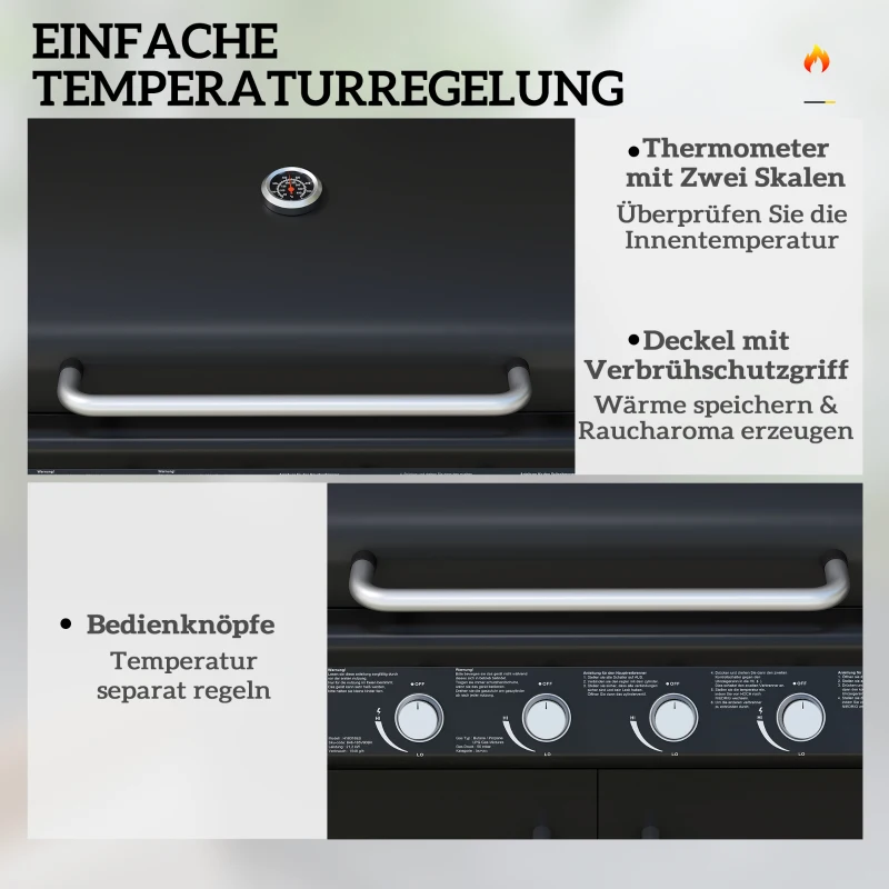 Outsunny Fahrbarer Gasgrill mit Stauraum, Seitentisch, Seitenbrenner, Warmhalterost, Thermometer, Edelstahl, Schwarz