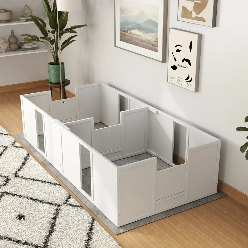 PawHut Werpkist voor puppy's, hondenren, puppyren met antislip vloerglijders en deur, houten honden werpkist, puppyren voor middelgrote honden, 196 x 96 x 48 cm, wit