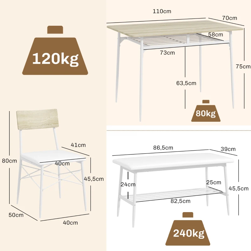 HOMCOM Eetset Eettafel met Bank en 2 Stoelen – Ruimtebesparende Keukentafelset met Opbergruimte voor 4 Personen – Eetkamermeubel voor Keuken, Eetkamer, Eiken