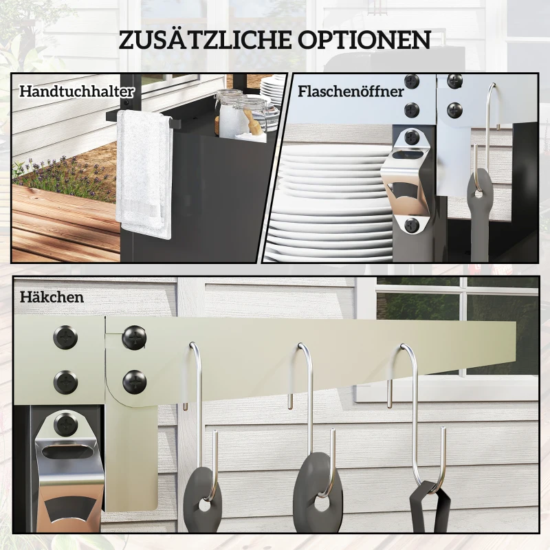 Outsunny Grillwagen – 3-laags inklapbare serveerwagen met werkblad, kast, haken en wielen, BBQ-tafel van roestvrij staal, buitenrolwagen, houtskoolgrill voor tuin, 116x50x93 cm, zwart