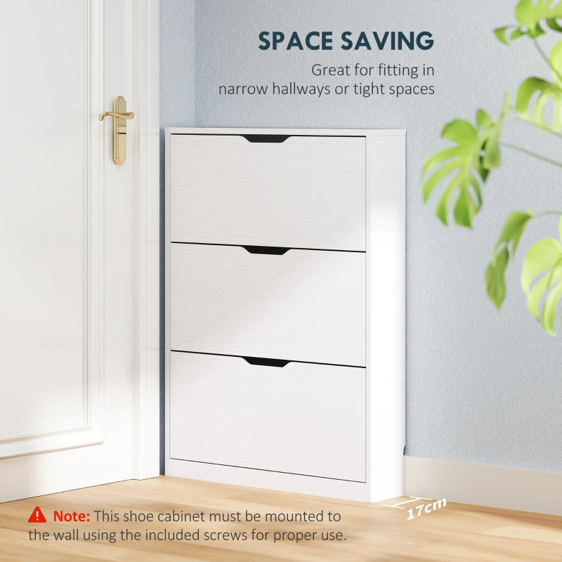 HOMCOM Pantofar Slim cu 3 Sertare Rabatabile cu Decupaj Inferior, din Lemn, 80x17x108 cm, Alb