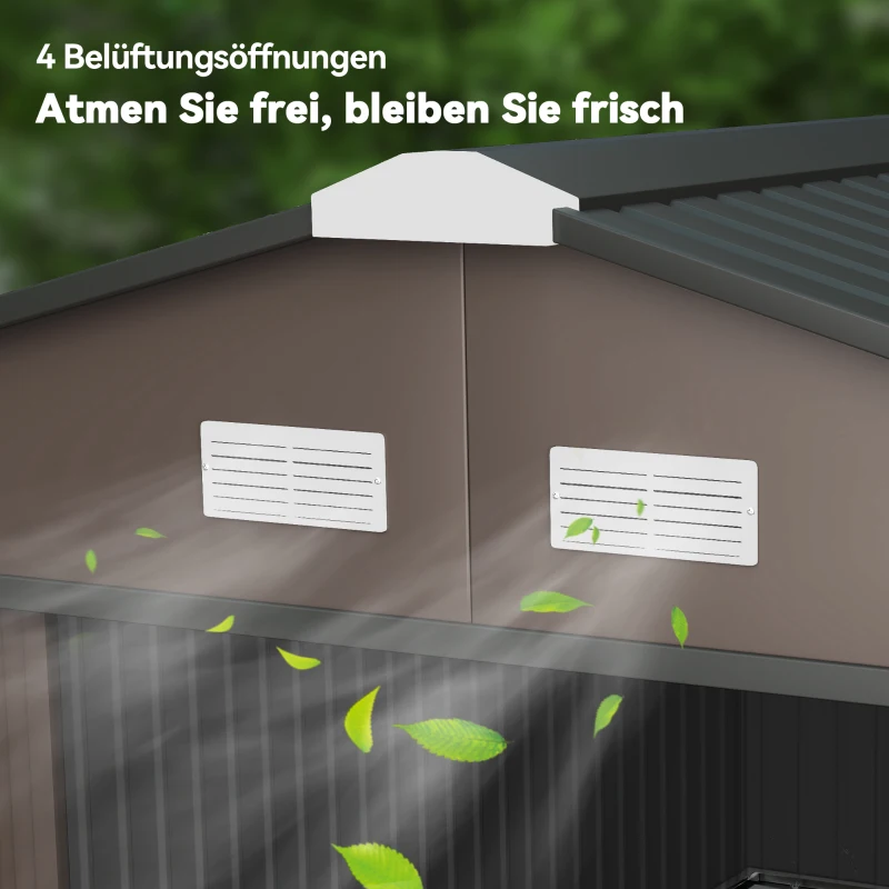 Outsunny Geräteschuppen, Wetterfestes Gartenhaus für Gartengeräte, mit Belüftungsfenstern, Schiebetüren, Stahl, Braun