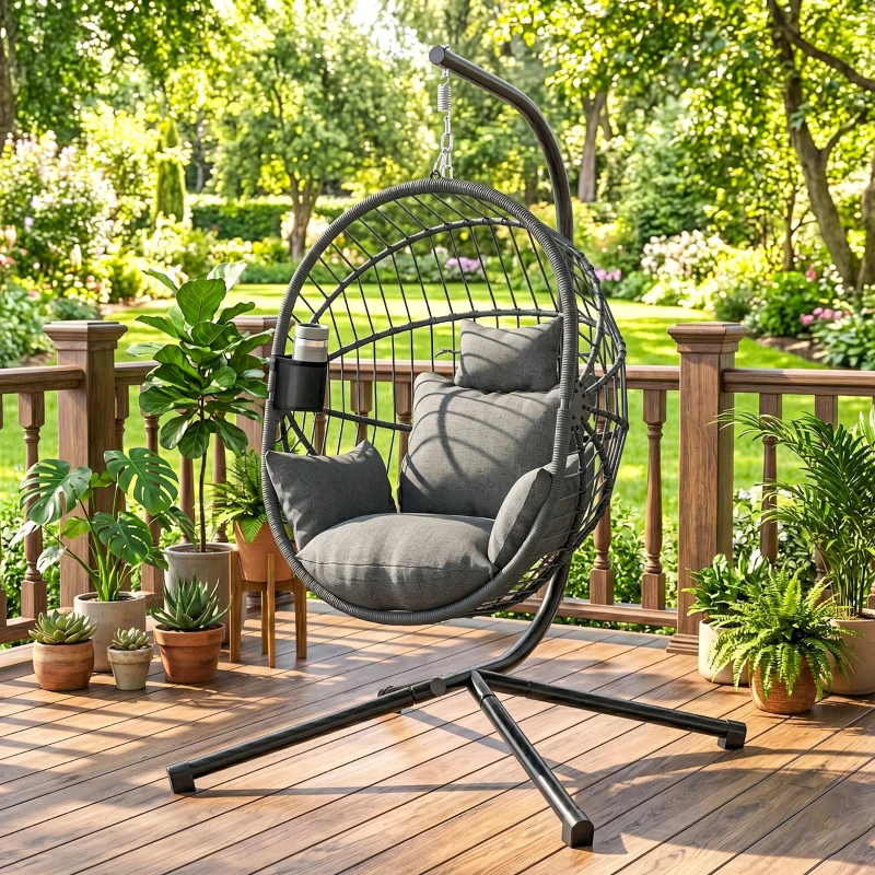 Outsunny Silla Colgante Huevo con Soporte con Cesta Plegable Cojín y Reposacabezas para Interior y Exterior Carga 120 kg Gris