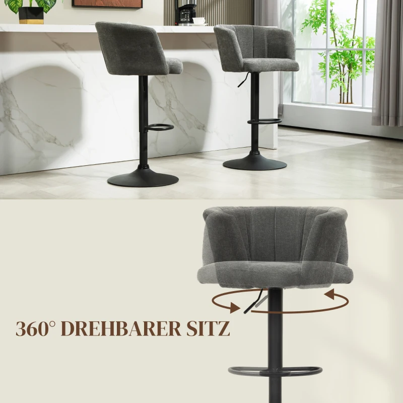 HOMCOM Barhocker 2er-Set, Schalenrücken, höhenverstellbar, Fußstütze, für Küche oder Esszimmer, Metallbasis, Dunkelgrau