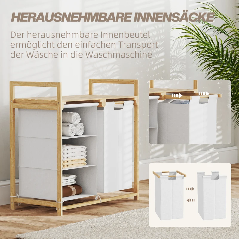 HOMCOM Wasmand met waszak, stoffen lade, bamboe, 70x36x70 cm, Wit/Hout