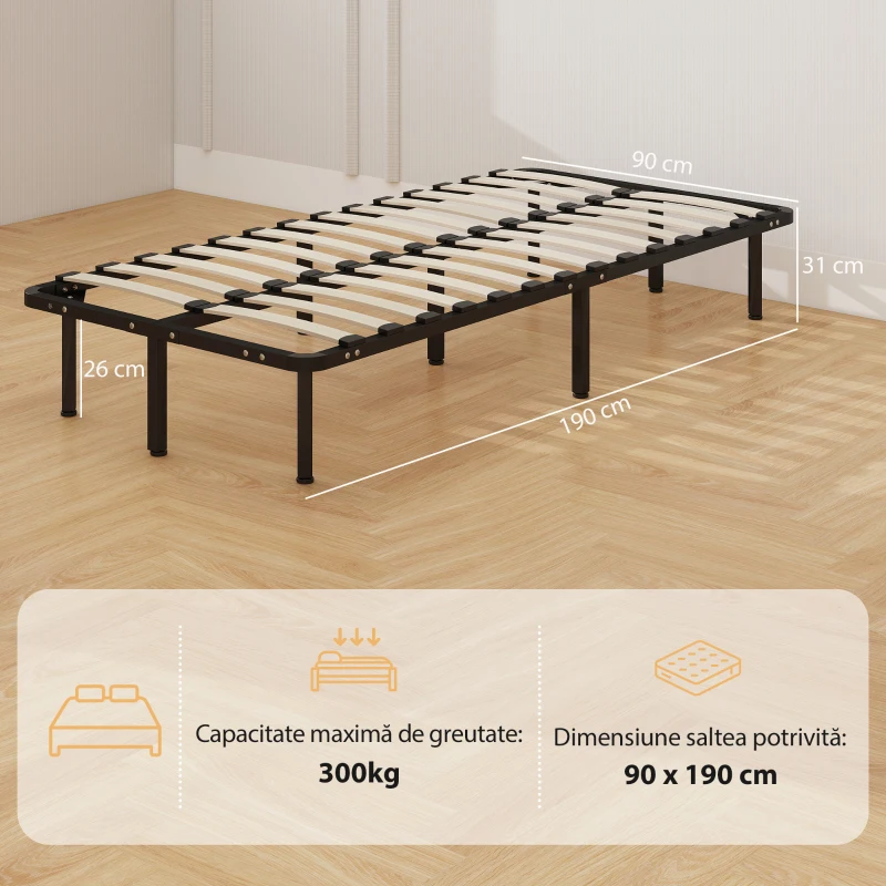 HOMCOM 3ft Single Bed Frame, Metal Platform Bed Frame with 2 x 14 Wood Slats, No Box Spring Needed, Underbed Storage, Black