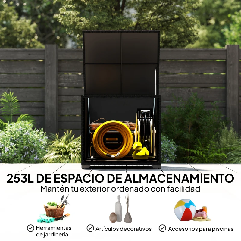 Outsunny Baúl de Almacenaje Exterior de Ratán de 253L con Varilla Hidráulica Forro con Cremallera y Marco de Acero Negro