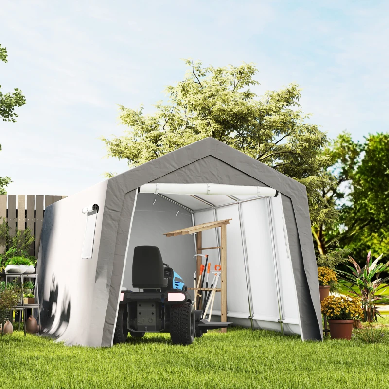 Outsunny Opbergtent met zadeldak, waterdicht opbergtent met deuren en ramen, anti-stof fietsafdak, folietent en fietsgarage voor terras en tuin, 300 x 447 x 255 cm, lichtgrijs