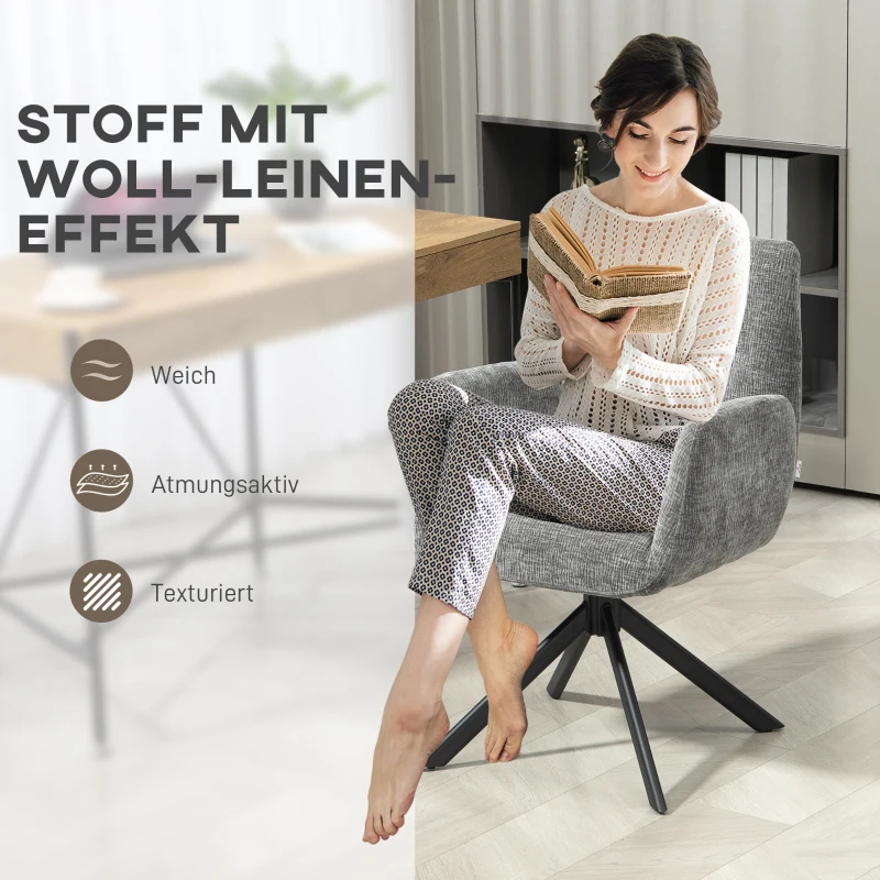 HOMCOM draaistoel loungefauteuil met armleuningen, wol-linnen look, moderne gestoffeerde stoel met knoopdetails, stalen poten, voor woonkamer of slaapkamer, donkergrijs