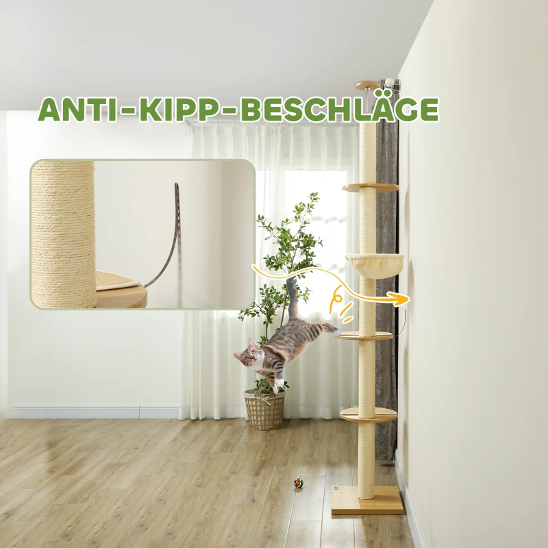 PawHut Plafondhoge krabpaal, anti-kantelbeveiliging, sisaltouwpaal, houtmateriaal, Eik+Crèmewit